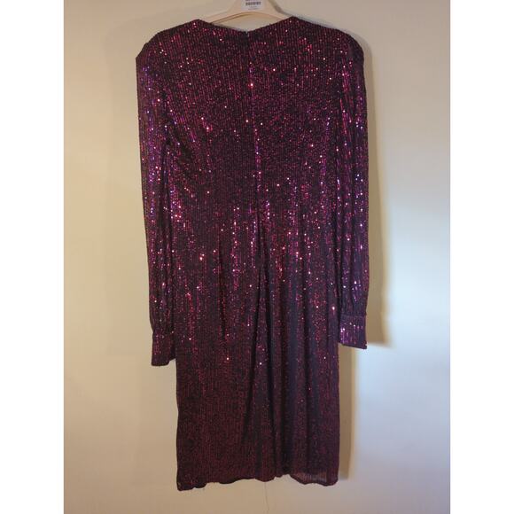 Mac Duggal Magenta Sequin Puff Sleeve V-Neck Long Sleeve Midi Dress Size 16 - Picture 6 of 8